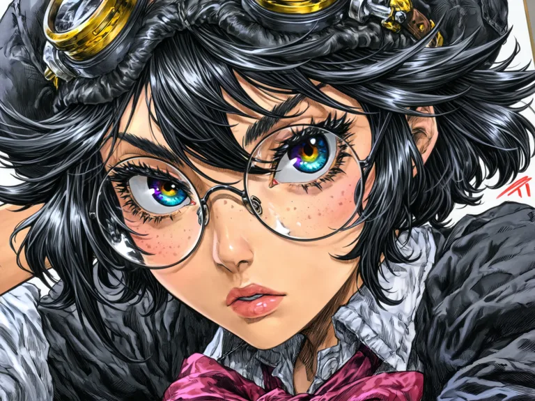 A close-up portrait of a young woman with striking rainbow-colored