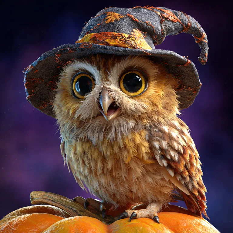 A cute, fluffy owl wearing a witch's hat sits on a pumpkin