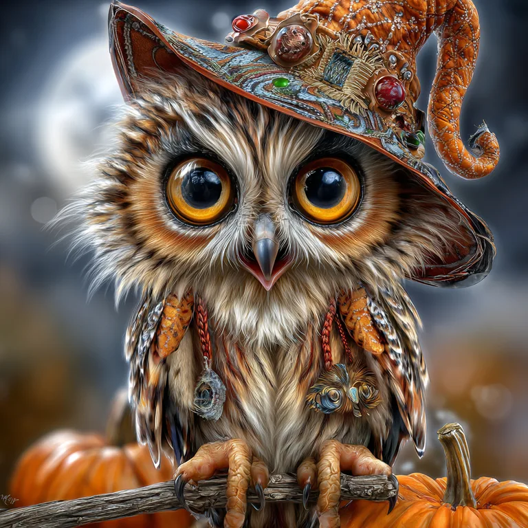 A whimsical owl adorned in a detailed, ornate witch's hat sits