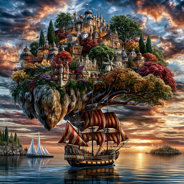 A magnificent, sprawling castle complex is perched atop a floating