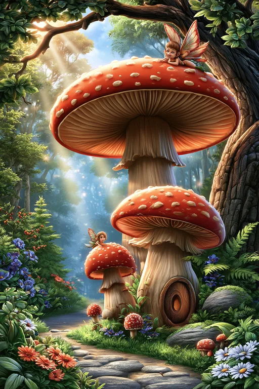 Two small fairies are perched on large toadstools in a magical forest