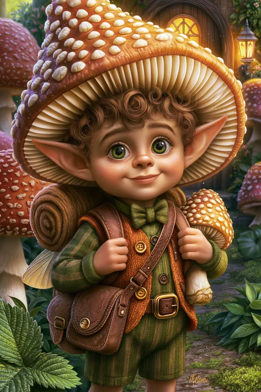 A young, adorable gnome-like creature with a mushroom cap for a hat