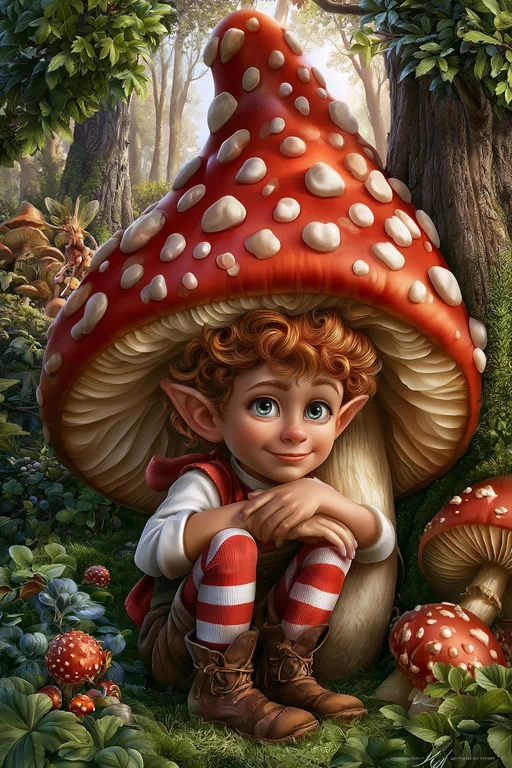 A young gnome with curly red hair and pointed ears sits nestled under
