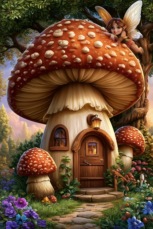 A whimsical fairy rests on the cap of a large mushroom house nestled