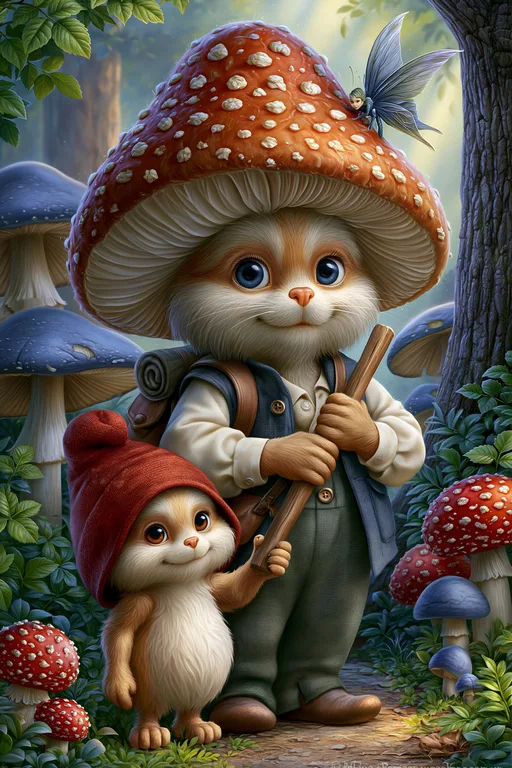 Two adorable anthropomorphic cat-like creatures, one larger and