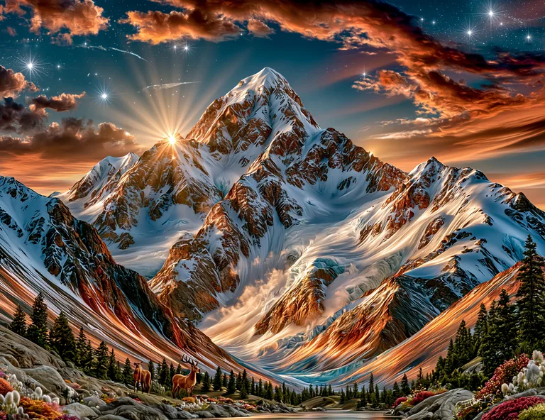 A majestic snow-capped mountain range is bathed in the warm glow of a