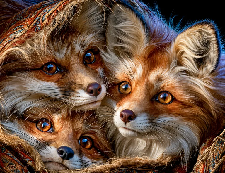 A close-up portrait of three adorable foxes nestled together, their