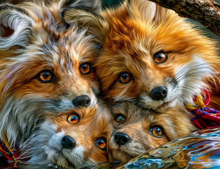 A close-up portrait of four adorable fox kits huddled together, their
