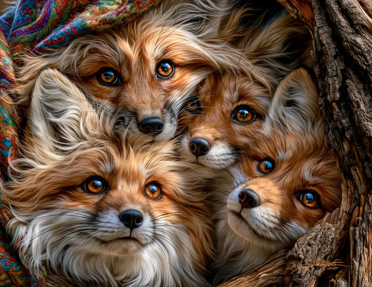 A close-up portrait of four adorable fox kits nestled together