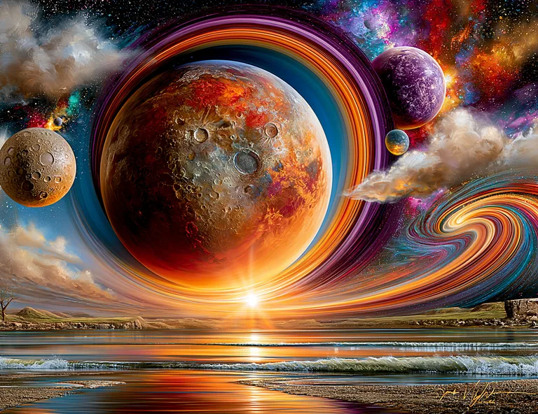 A breathtaking cosmic vista unfolds with a colossal ringed planet