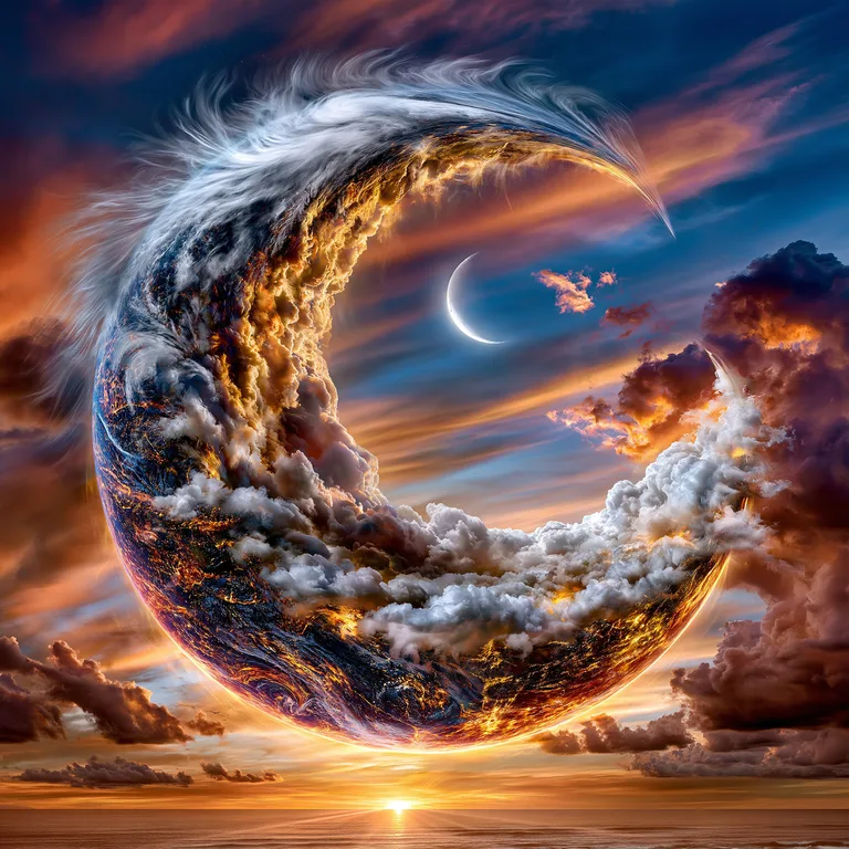 A surreal celestial event unfolds as a crescent moon hangs in a