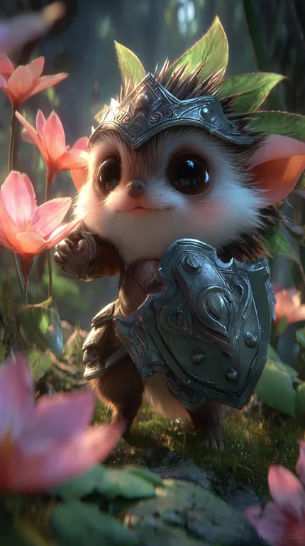 A small, adorable hedgehog-like creature stands in a lush forest,