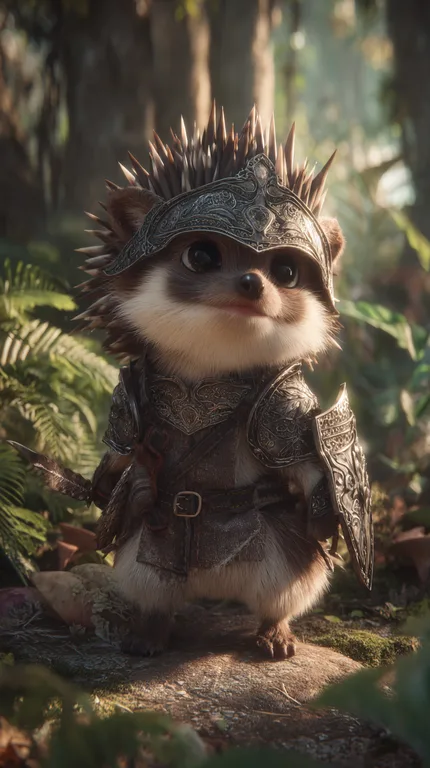 A brave hedgehog warrior stands ready for battle in a lush forest