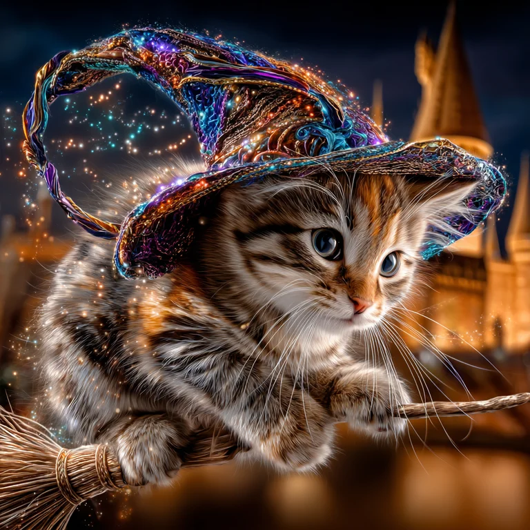 A fluffy tabby kitten wearing a dazzling, ornate wizard's hat is