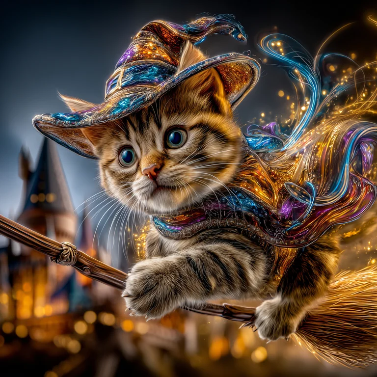 A whimsical tabby kitten dressed as a wizard, soaring through the