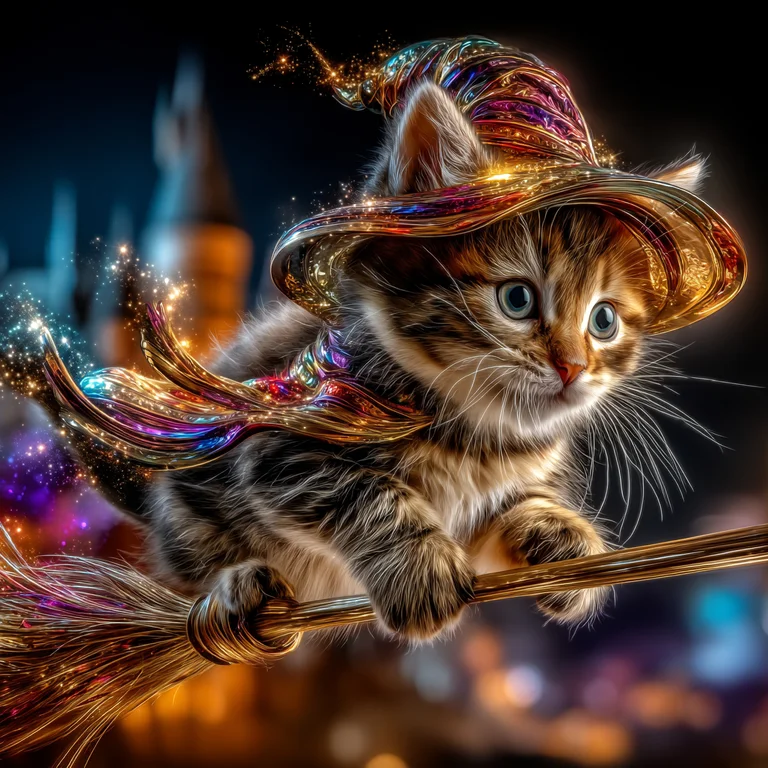 A fluffy kitten dressed as a witch rides a broomstick through the