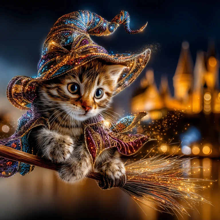 A cute kitten dressed as a wizard rides a broomstick through the