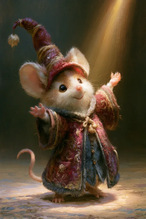 A whimsical mouse dressed as a wizard stands with its arms