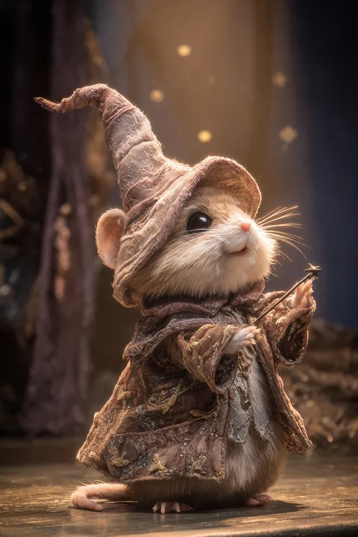 A small, anthropomorphic mouse dressed as a wizard stands holding a