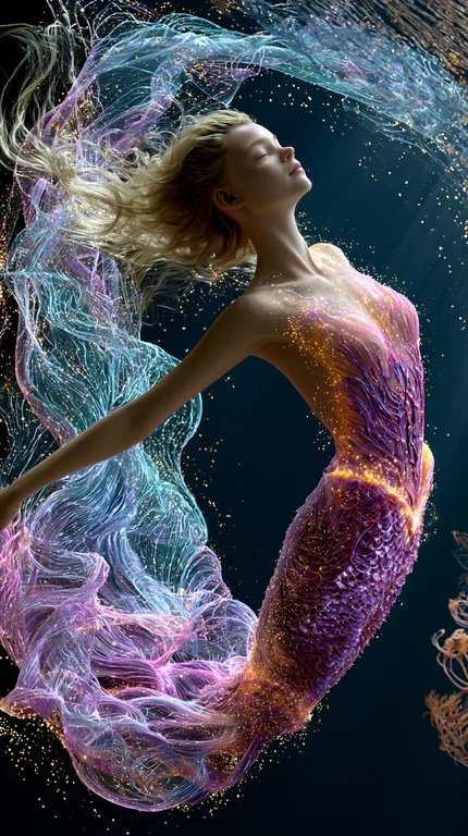A beautiful mermaid with flowing blonde hair and a shimmering, scaled