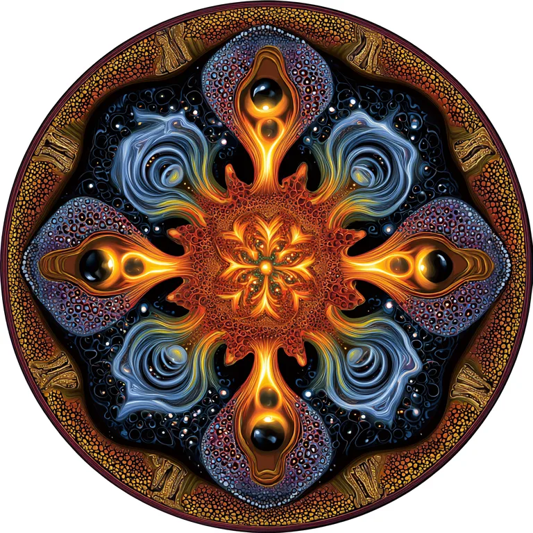 A highly detailed, symmetrical mandala-like pattern unfolds with