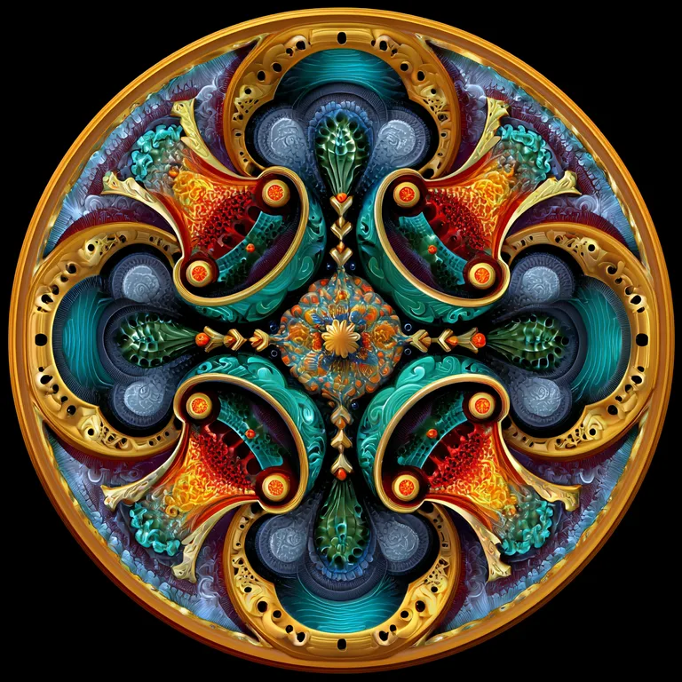 A highly detailed, ornate mandala-like design is presented against a