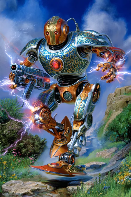 A highly detailed, ornate steampunk robot is depicted in a dynamic