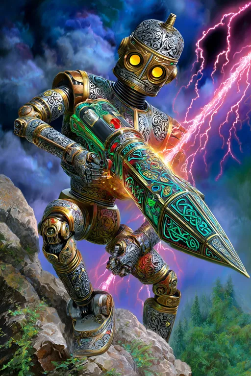 A highly detailed, ornate steampunk robot stands on a rocky outcrop,