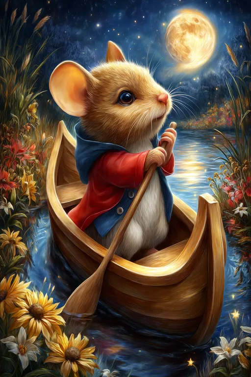 A charming mouse is depicted rowing a wooden boat on a tranquil body
