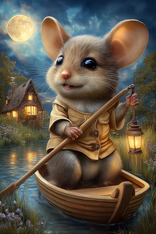 A charming mouse, dressed in a yellow tunic, rows a small wooden boat