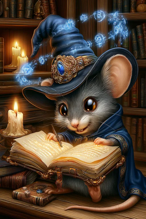 A cute, anthropomorphic mouse dressed as a wizard is intently