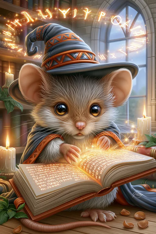 A cute, anthropomorphic mouse wearing a wizard's hat and robe is