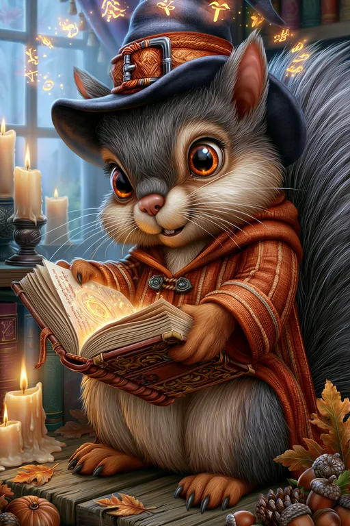 A cute, anthropomorphic squirrel wearing a witch's hat and robe is