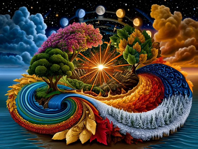 A vibrant, surreal landscape depicts the cycle of seasons and
