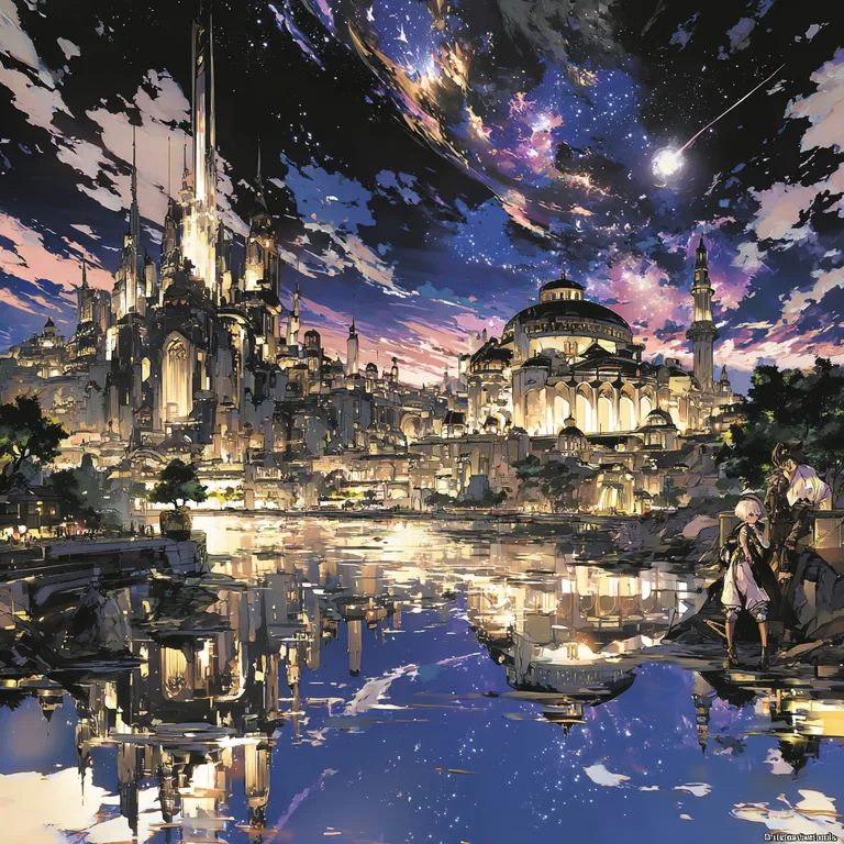 A breathtaking fantasy cityscape is illuminated by the warm glow of