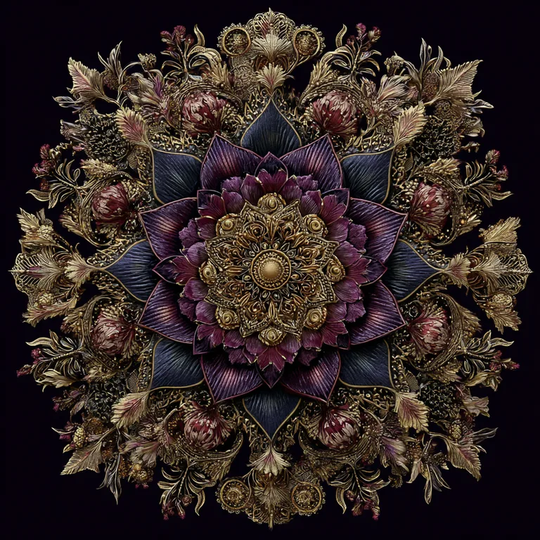A highly detailed, ornate mandala design is presented against a dark