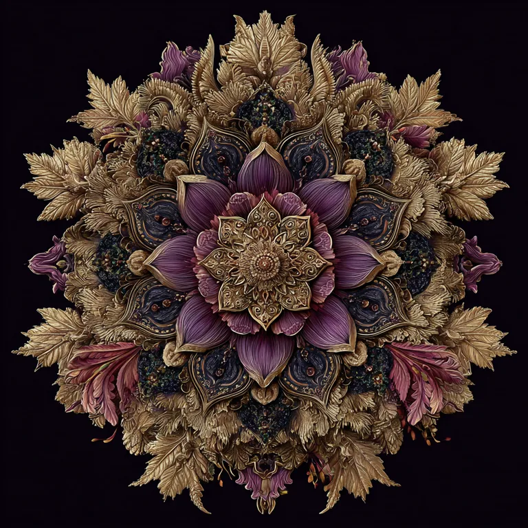 A highly detailed, symmetrical mandala design is presented against a