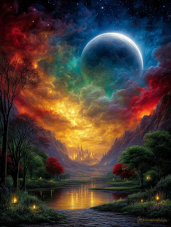 A breathtaking fantasy landscape unfolds under a vibrant,