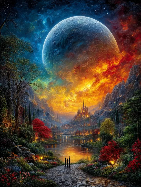 A breathtaking fantasy landscape unfolds with a colossal planet
