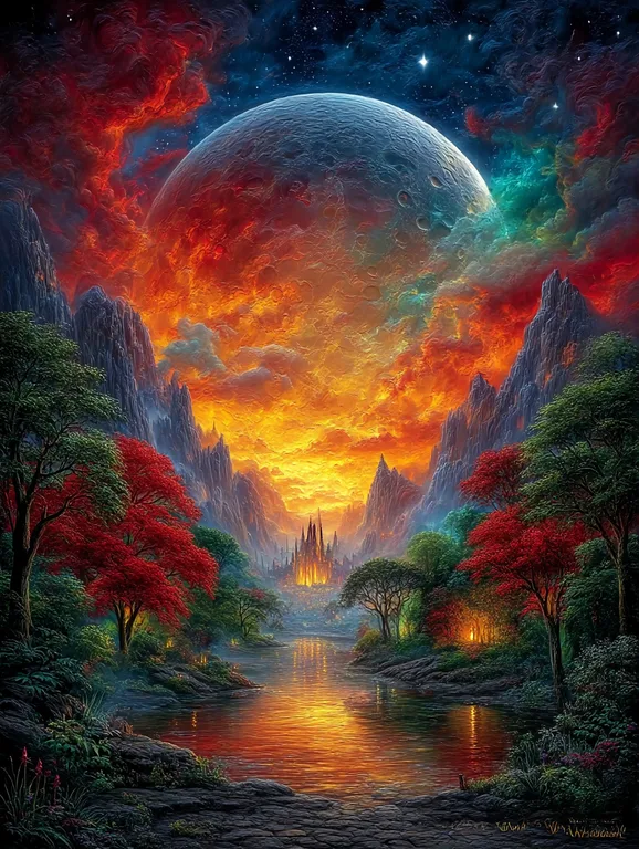 A breathtaking fantasy landscape unfolds with a colossal moon