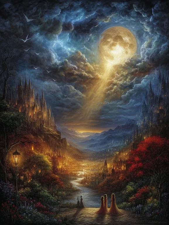 A breathtaking fantasy landscape unfolds under a luminous full moon,