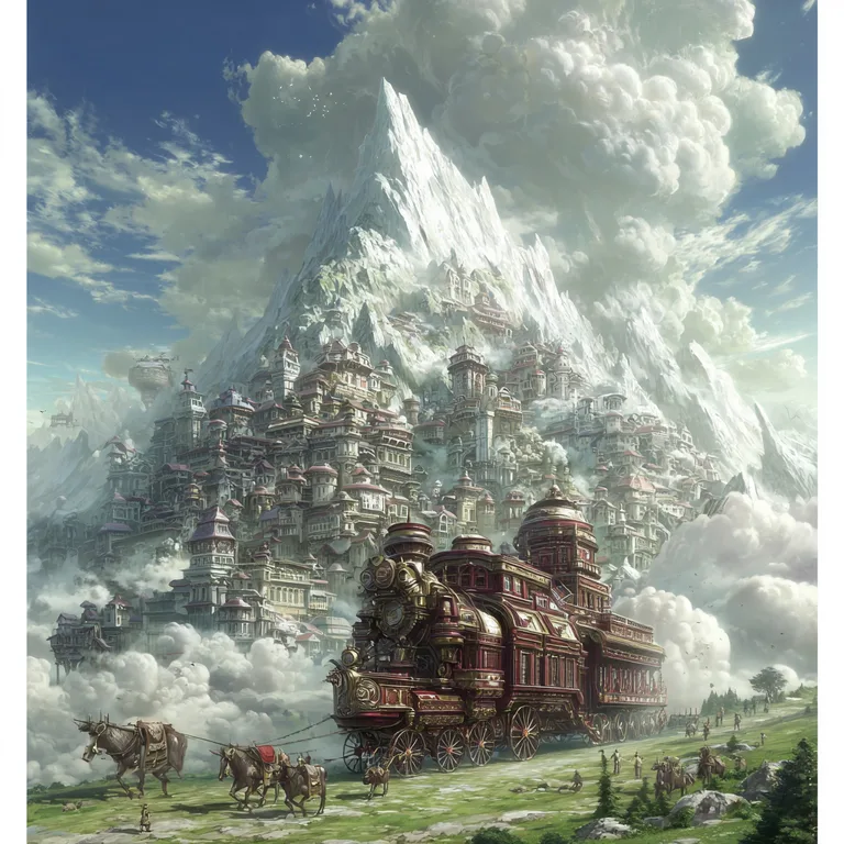 A magnificent steampunk train, pulled by horses, travels through a