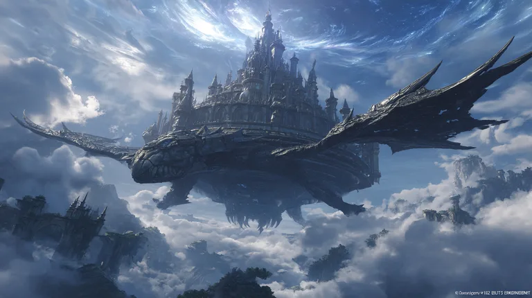 A colossal, dragon-like creature with a castle integrated into its