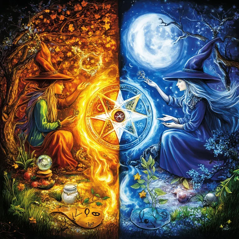 Two witches, one embodying day and the other night, are depicted in a
