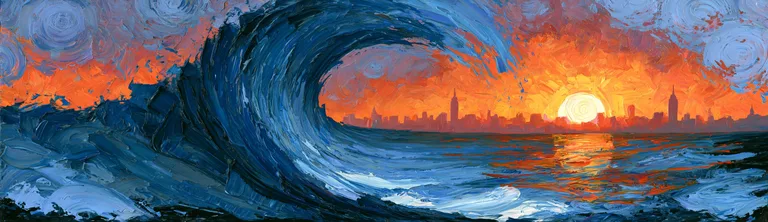 A dramatic oil painting depicts a colossal wave crashing in the