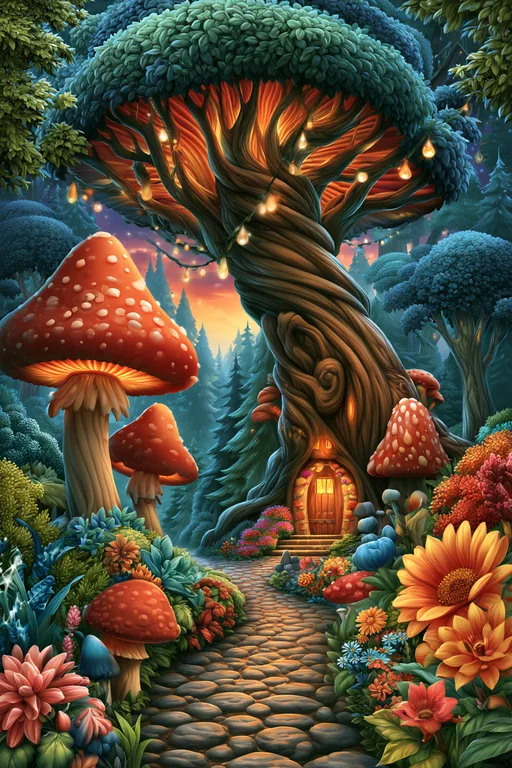 A whimsical fantasy scene unfolds in a magical forest at dusk