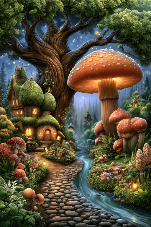A whimsical fairy village is nestled at the base of a giant, ancient