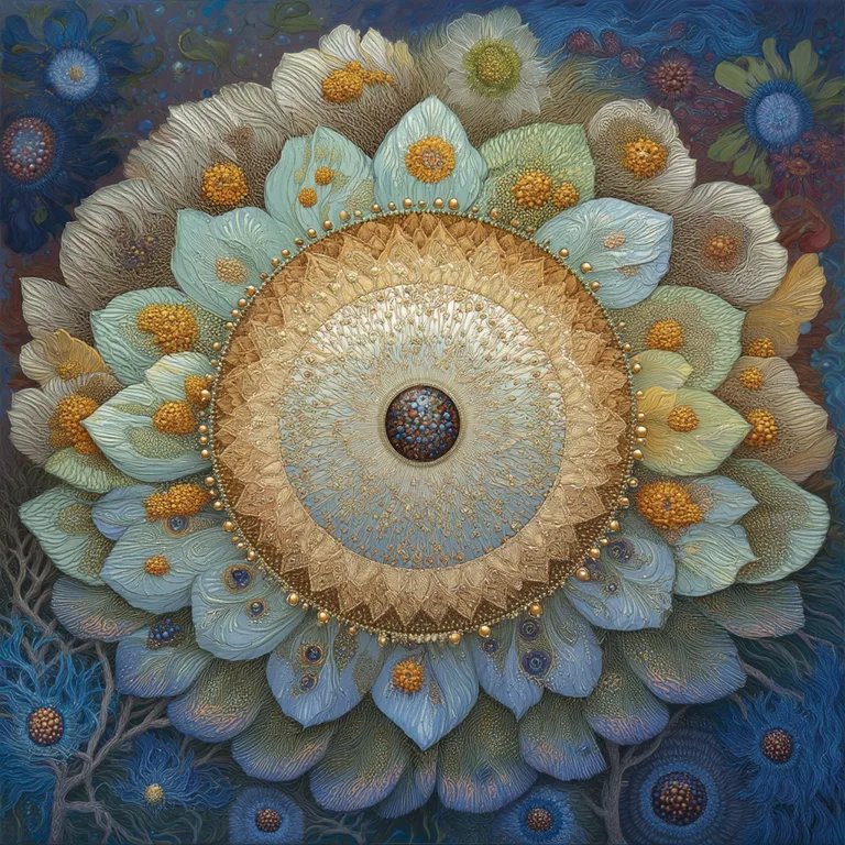 A highly detailed, symmetrical mandala-like pattern resembling a
