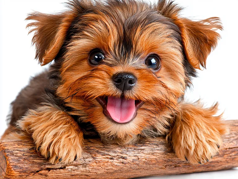 A close-up, studio portrait of a fluffy Yorkshire Terrier puppy