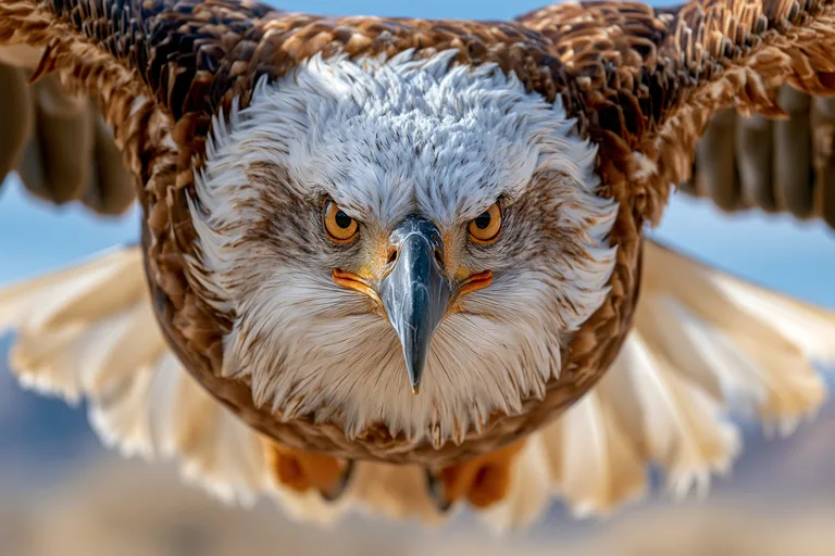 A majestic bald eagle is captured in a dramatic, head-on dive towards